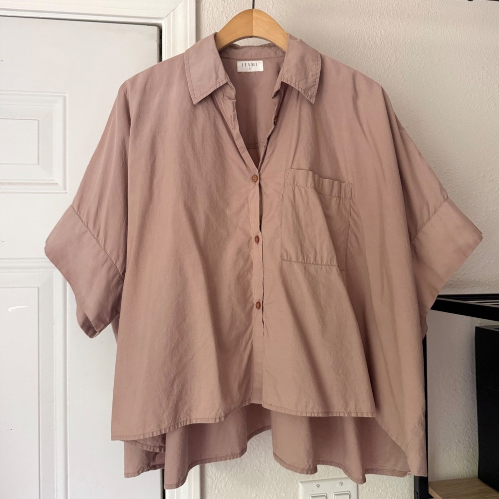ITAMI dusty rose blush pink boxy oversized short sleeve cropped shirt top